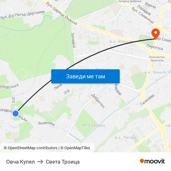 Овча Купел to Света Троица map