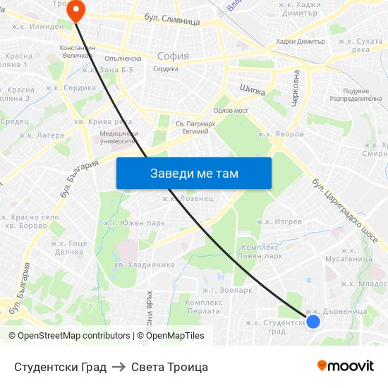 Студентски Град to Света Троица map