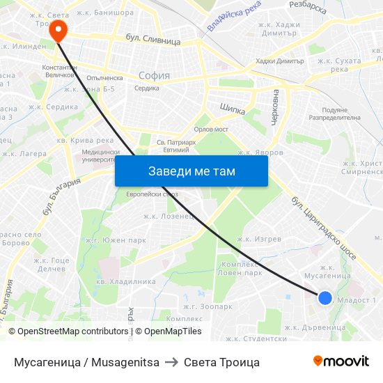 Мусагеница /  Musagenitsa to Света Троица map