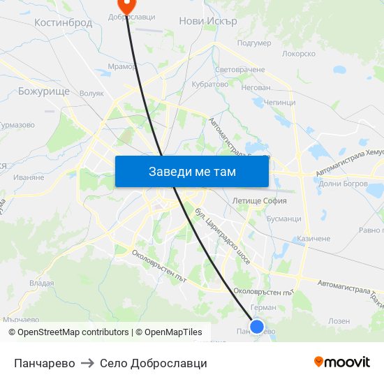 Панчарево to Село Доброславци map