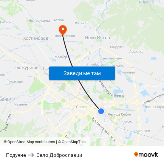 Подуяне to Село Доброславци map