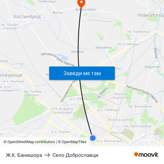 Ж.К. Банишора to Село Доброславци map