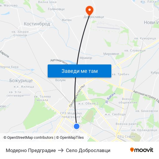 Модерно Предградие to Село Доброславци map