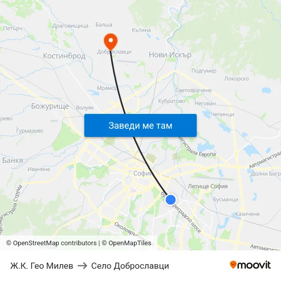 Ж.К. Гео Милев to Село Доброславци map