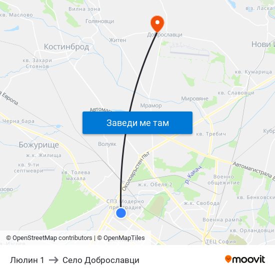 Люлин 1 to Село Доброславци map