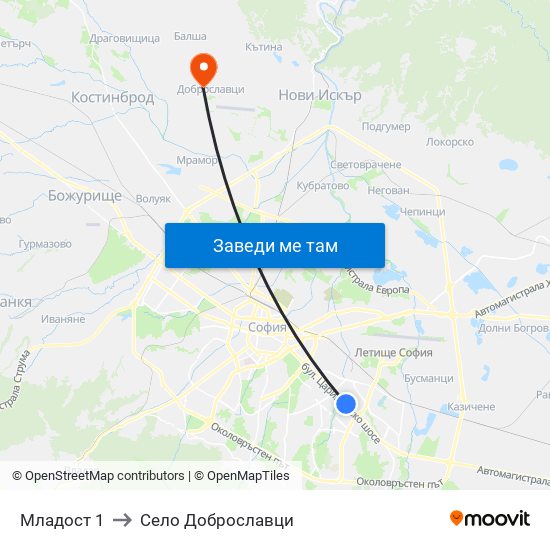 Младост 1 to Село Доброславци map