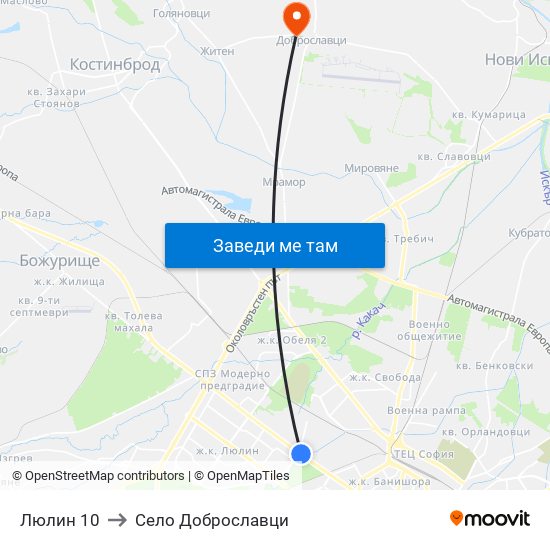 Люлин 10 to Село Доброславци map