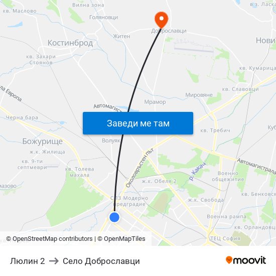 Люлин 2 to Село Доброславци map