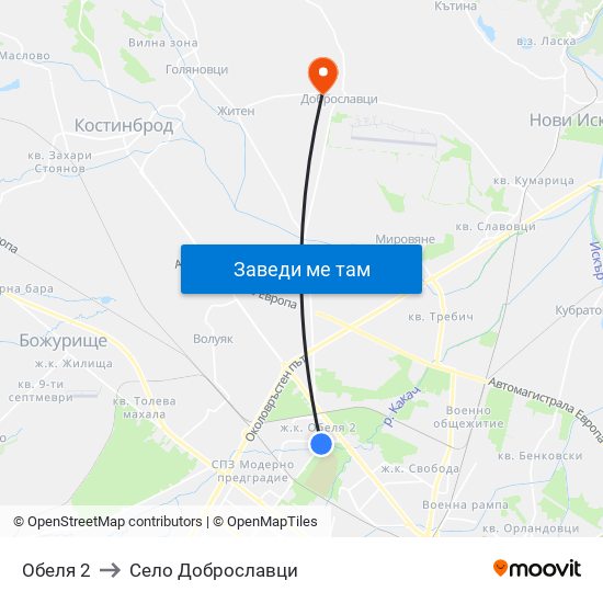 Обеля 2 to Село Доброславци map