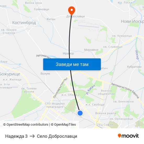 Надежда 3 to Село Доброславци map