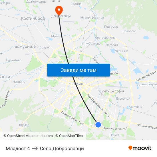 Младост 4 to Село Доброславци map