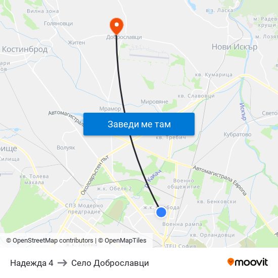 Надежда 4 to Село Доброславци map
