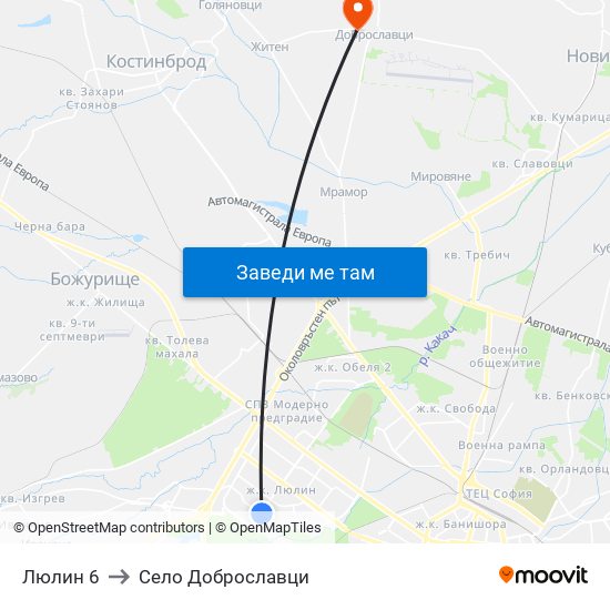 Люлин 6 to Село Доброславци map