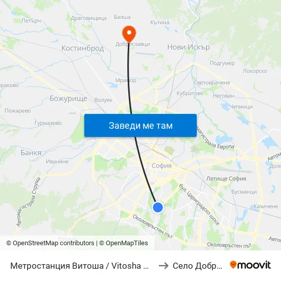 Ⓜ️ Метростанция Витоша / Vitosha Metro Station (2654) to Село Доброславци map