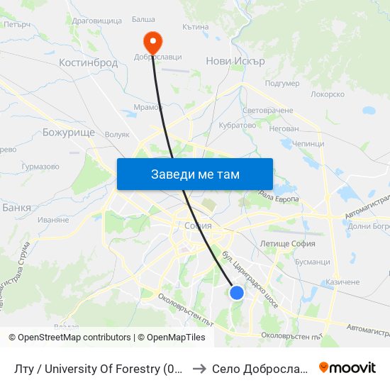 Лту / University Of Forestry (0614) to Село Доброславци map