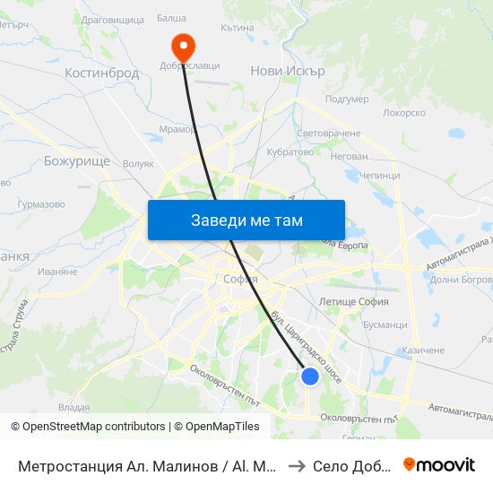 Метростанция Ал. Малинов / Al. Malinov Metro Station (0169) to Село Доброславци map