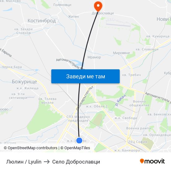 Люлин / Lyulin to Село Доброславци map