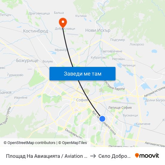 Площад На Авиацията / Aviation Square (1258) to Село Доброславци map