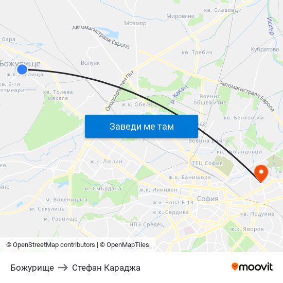 Божурище to Стефан Караджа map