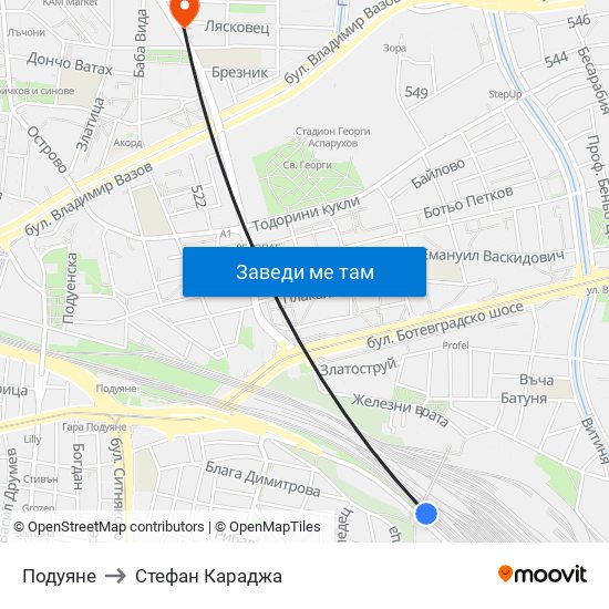 Подуяне to Стефан Караджа map