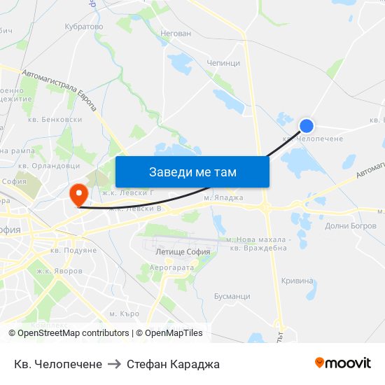Кв. Челопечене to Стефан Караджа map