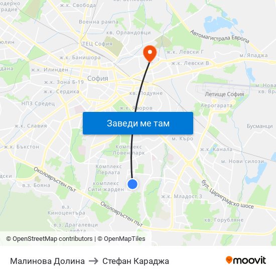 Малинова Долина to Стефан Караджа map