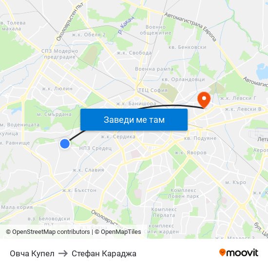 Овча Купел to Стефан Караджа map