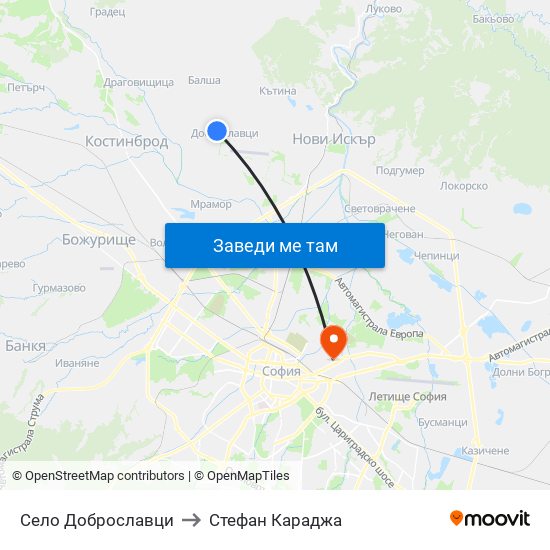 Село Доброславци to Стефан Караджа map