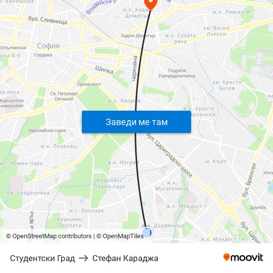 Студентски Град to Стефан Караджа map