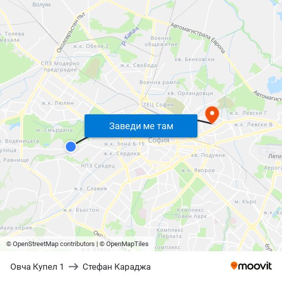 Овча Купел 1 to Стефан Караджа map