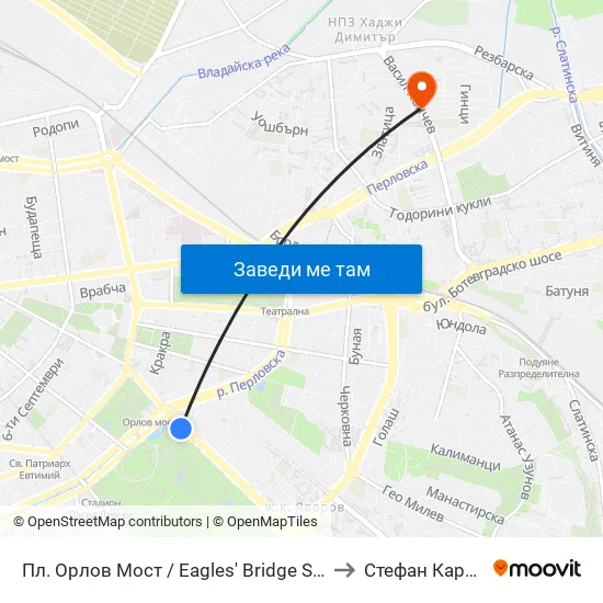 Ⓜ️ Пл. Орлов Мост / Eagles' Bridge Sq. (1287) to Стефан Караджа map