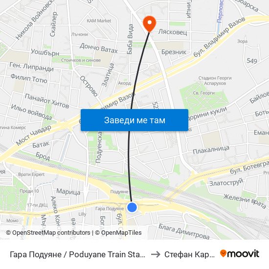 Гара Подуяне / Poduyane Train Station (0466) to Стефан Караджа map