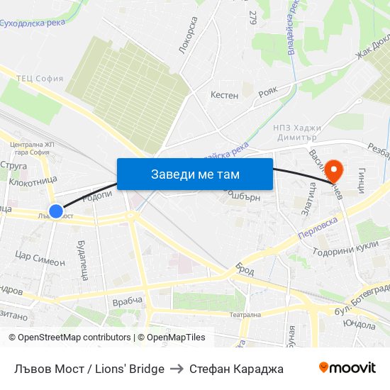 Лъвов Мост / Lions' Bridge to Стефан Караджа map