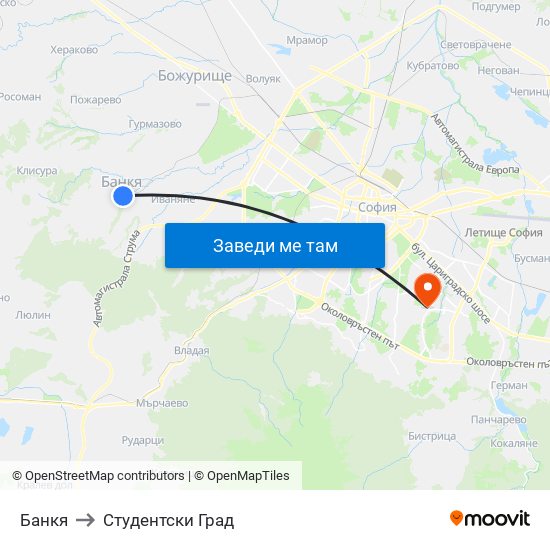 Банкя to Студентски Град map