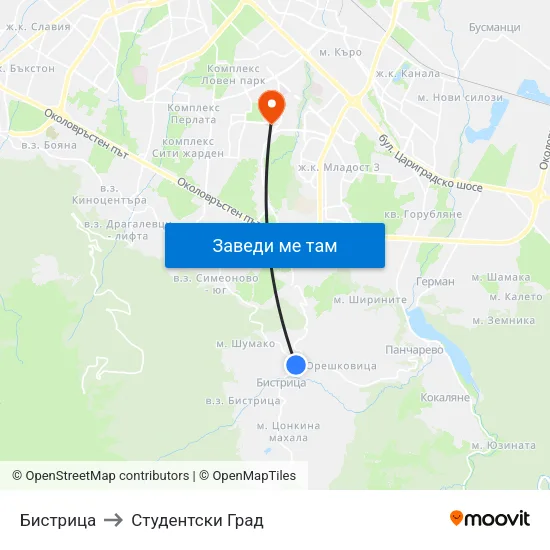 Бистрица to Студентски Град map