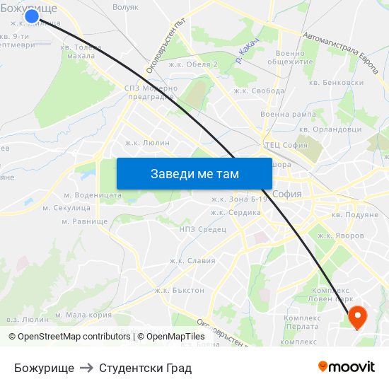 Божурище to Студентски Град map