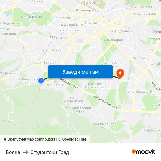 Бояна to Студентски Град map