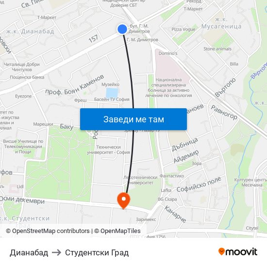 Дианабад to Студентски Град map