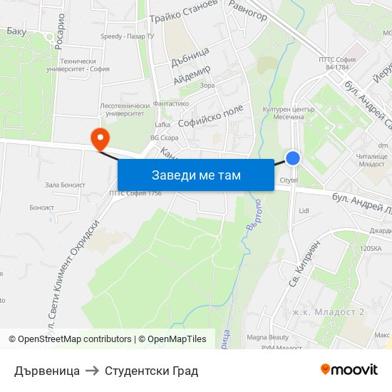 Дървеница to Студентски Град map