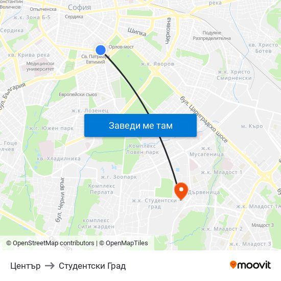 Център to Студентски Град map