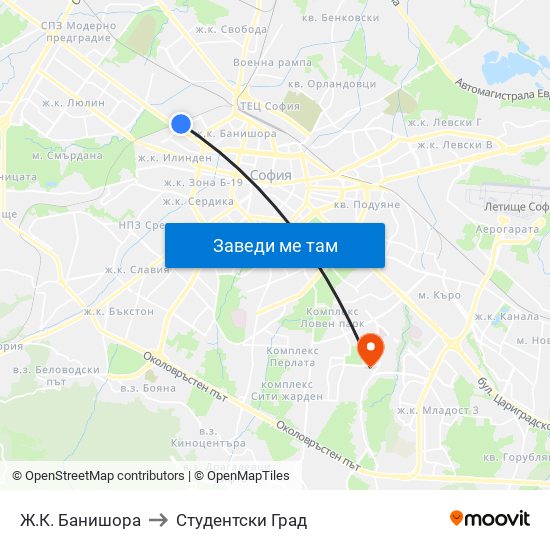 Ж.К. Банишора to Студентски Град map