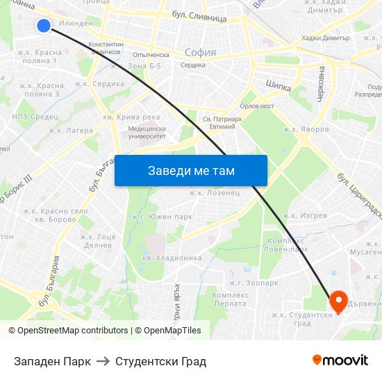 Западен Парк to Студентски Град map