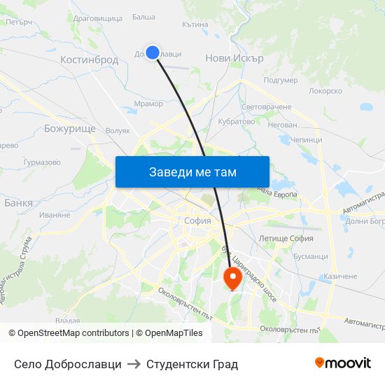 Село Доброславци to Студентски Град map