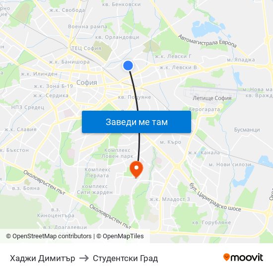 Хаджи Димитър to Студентски Град map