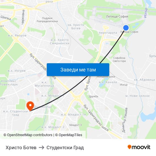 Христо Ботев to Студентски Град map