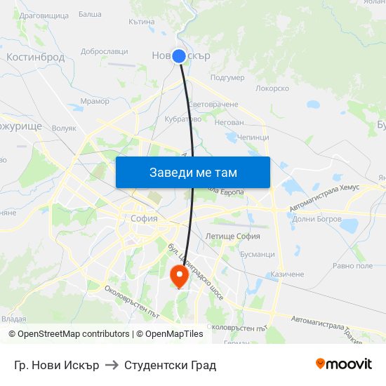 Гр. Нови Искър to Студентски Град map