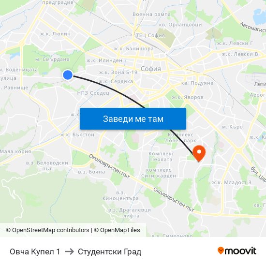 Овча Купел 1 to Студентски Град map