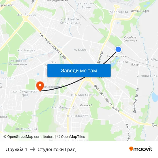 Дружба 1 to Студентски Град map