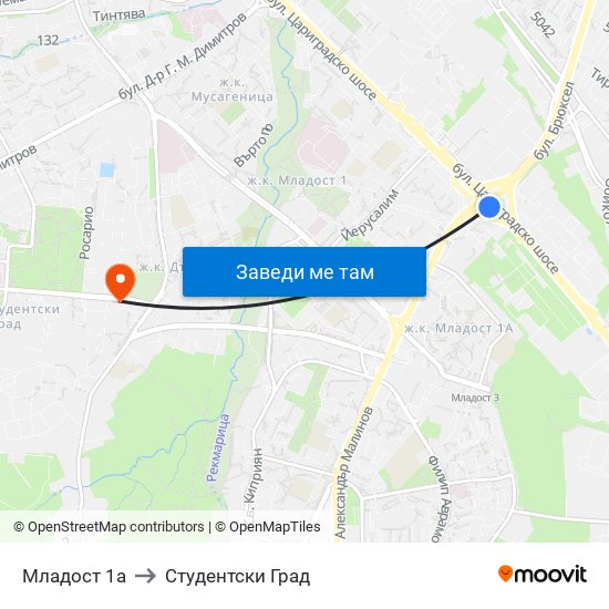 Младост 1а to Студентски Град map