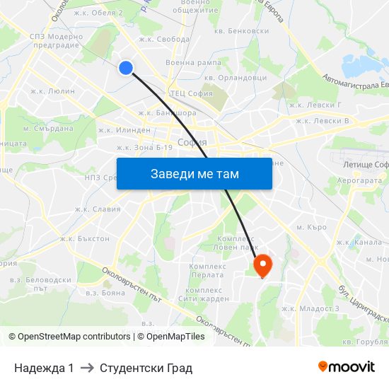 Надежда 1 to Студентски Град map